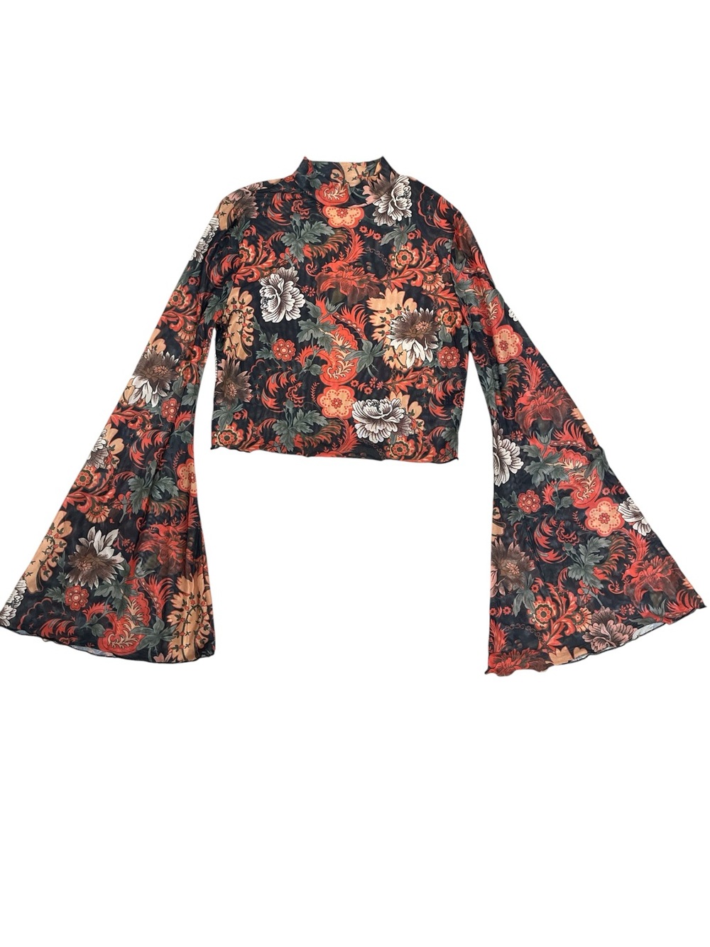 SHEIN Boho Hippie Retro Floral Mesh Mock Neck Bell Sleeve Crop Top